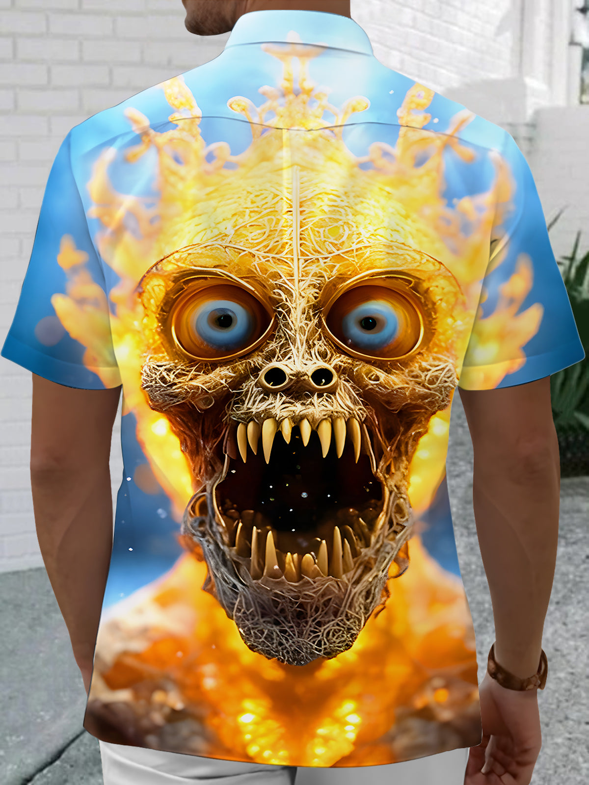 Funny Horror Flame Art Relief Halloween Men's Pocket Short Sleeve Shirts