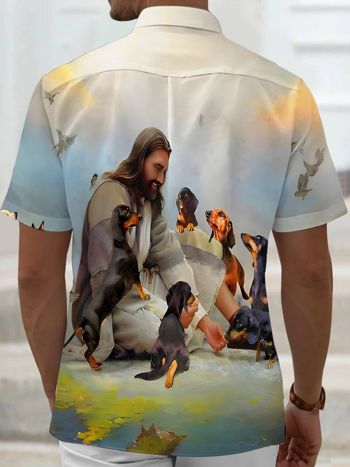 Religious Jesus Puppy Interactive Men's Pocket Short Sleeve Shirts