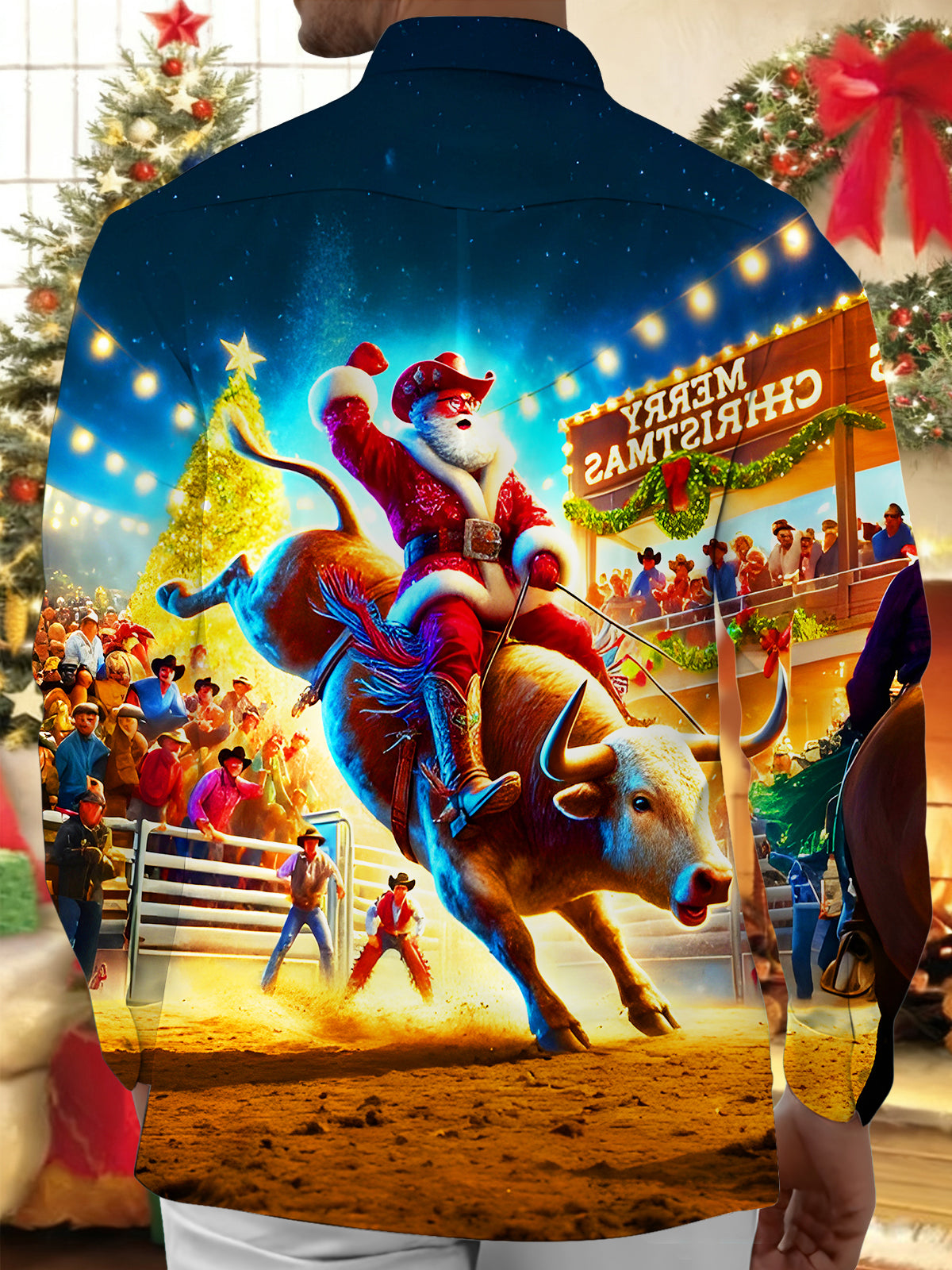 Funny Santa Bullfight Xmas Men's Pocket Long Sleeve Shirts