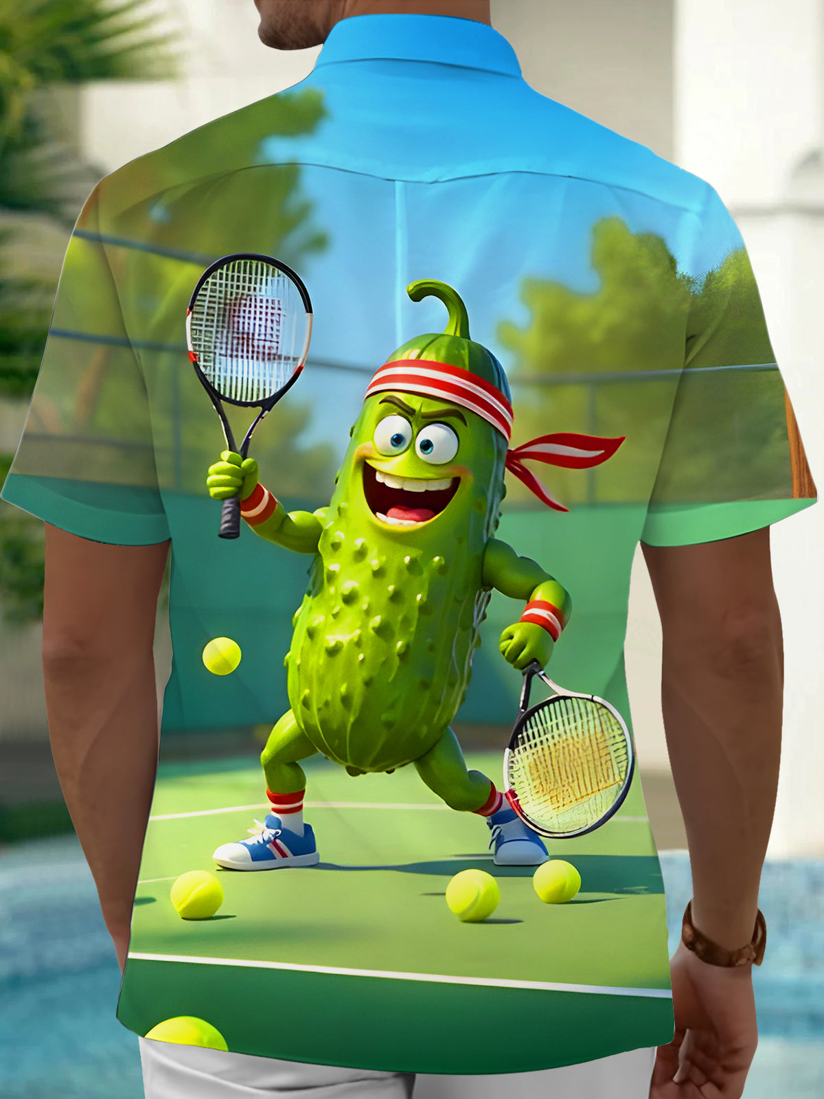 Funny Cucumber Playing Tennis Men's Pocket Short Sleeve Shirts