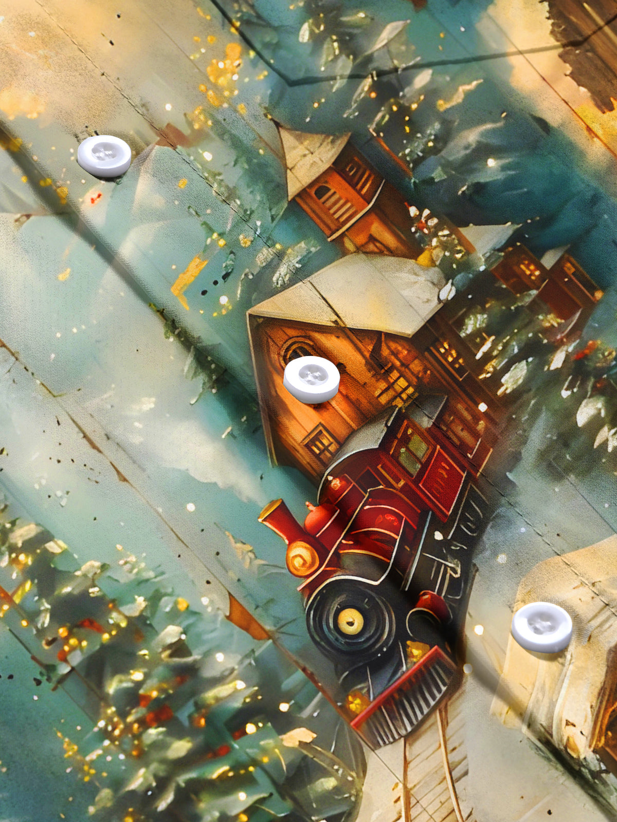 Winter Snow Scene Christmas Tree Train Xmas Men's Pocket Long Sleeve Shirts