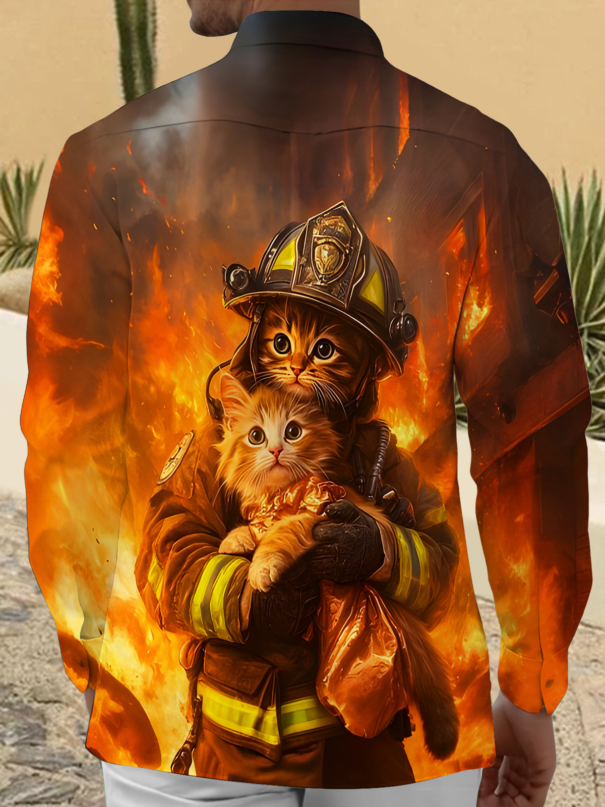 Funny Firefighter Cat Men's Pocket Long Sleeve Shirts