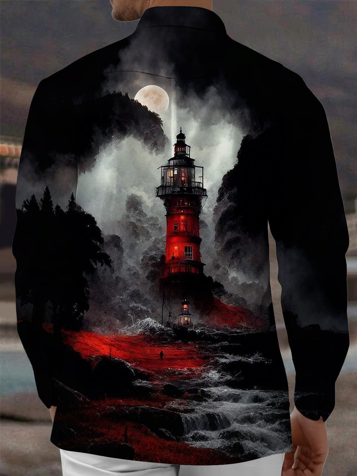 Lighthouse Print Men's Pocket Long Sleeve Shirts