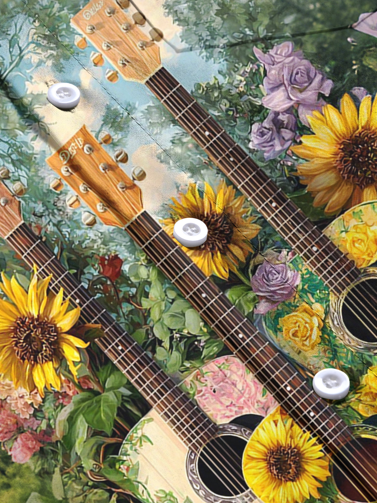 Guitar Flower Print Men's Pocket Long Sleeve Shirts