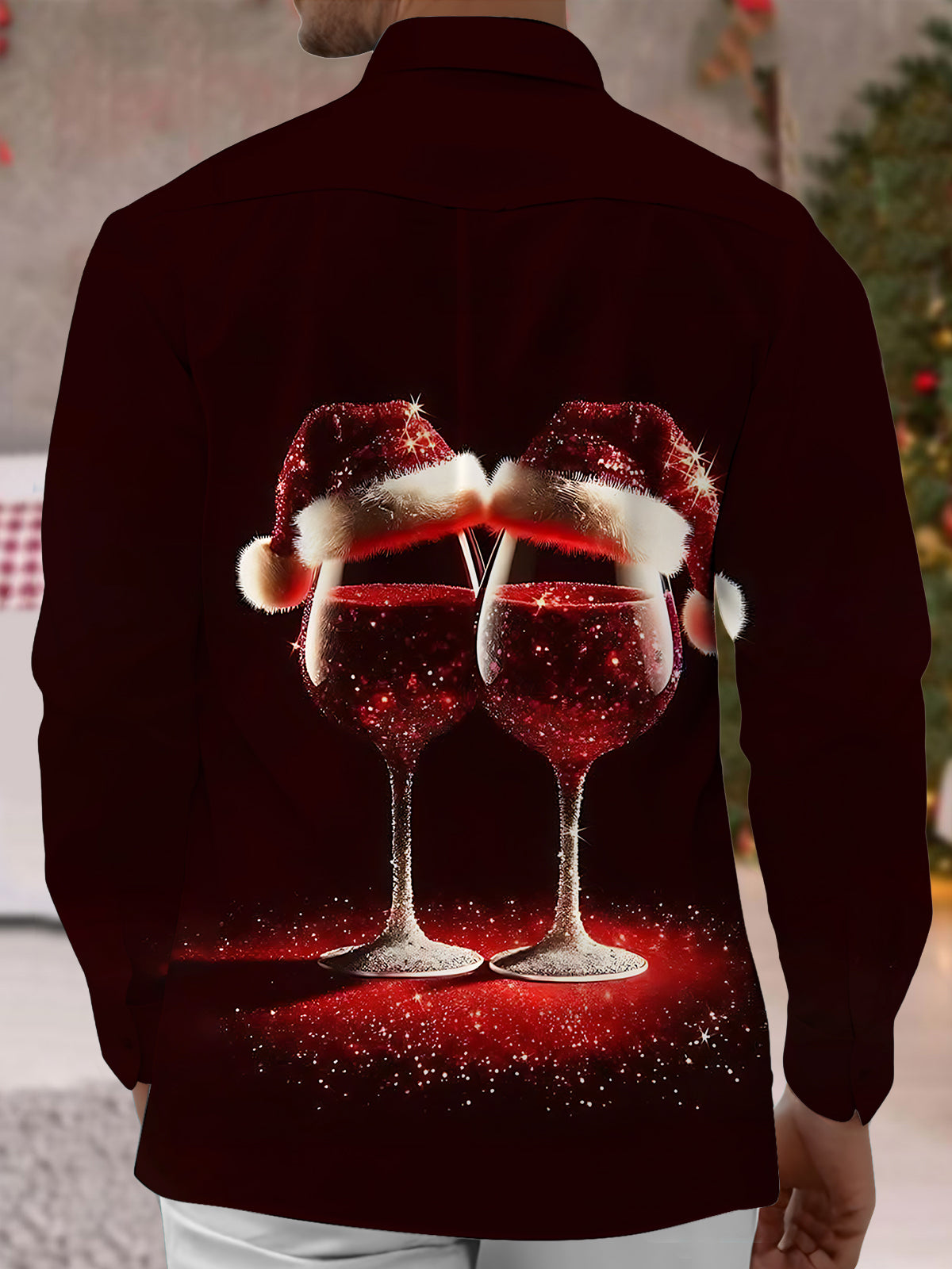 Christmas Wine Glass Print Men's Pocket Long Sleeve Shirts