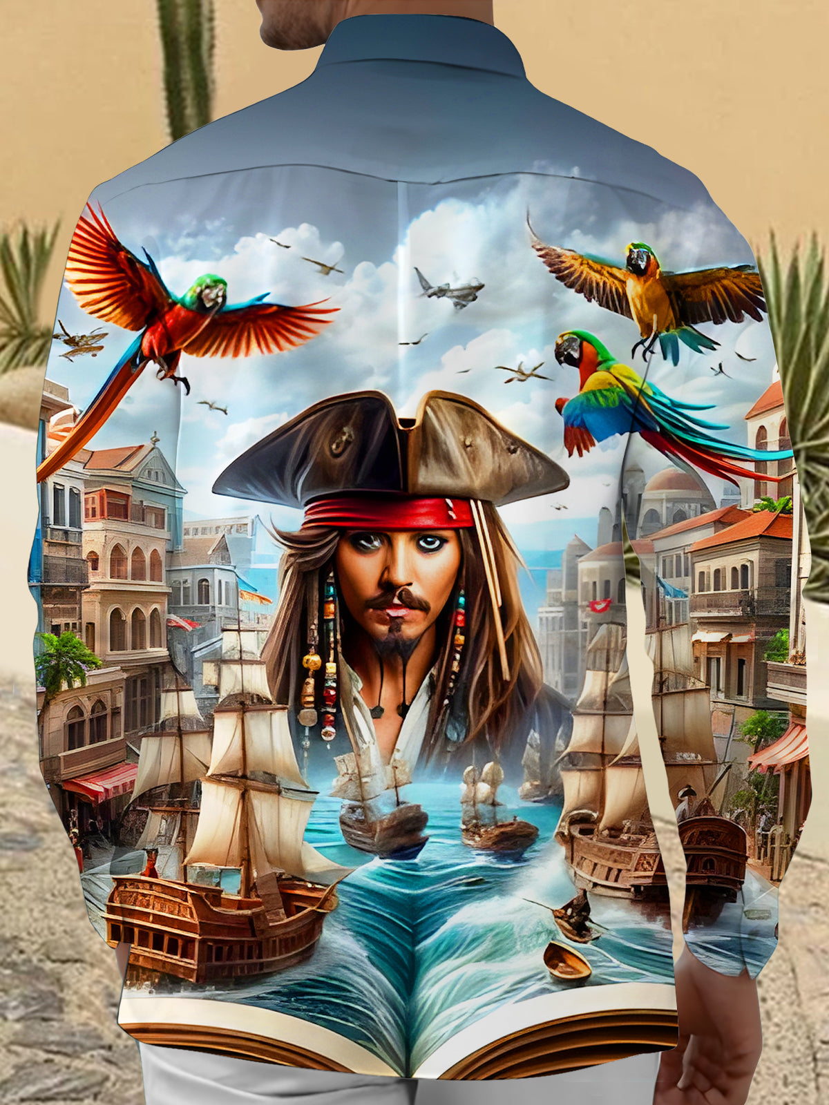 Pirate Parrot Ship Men's Pocket Long Sleeve Shirts