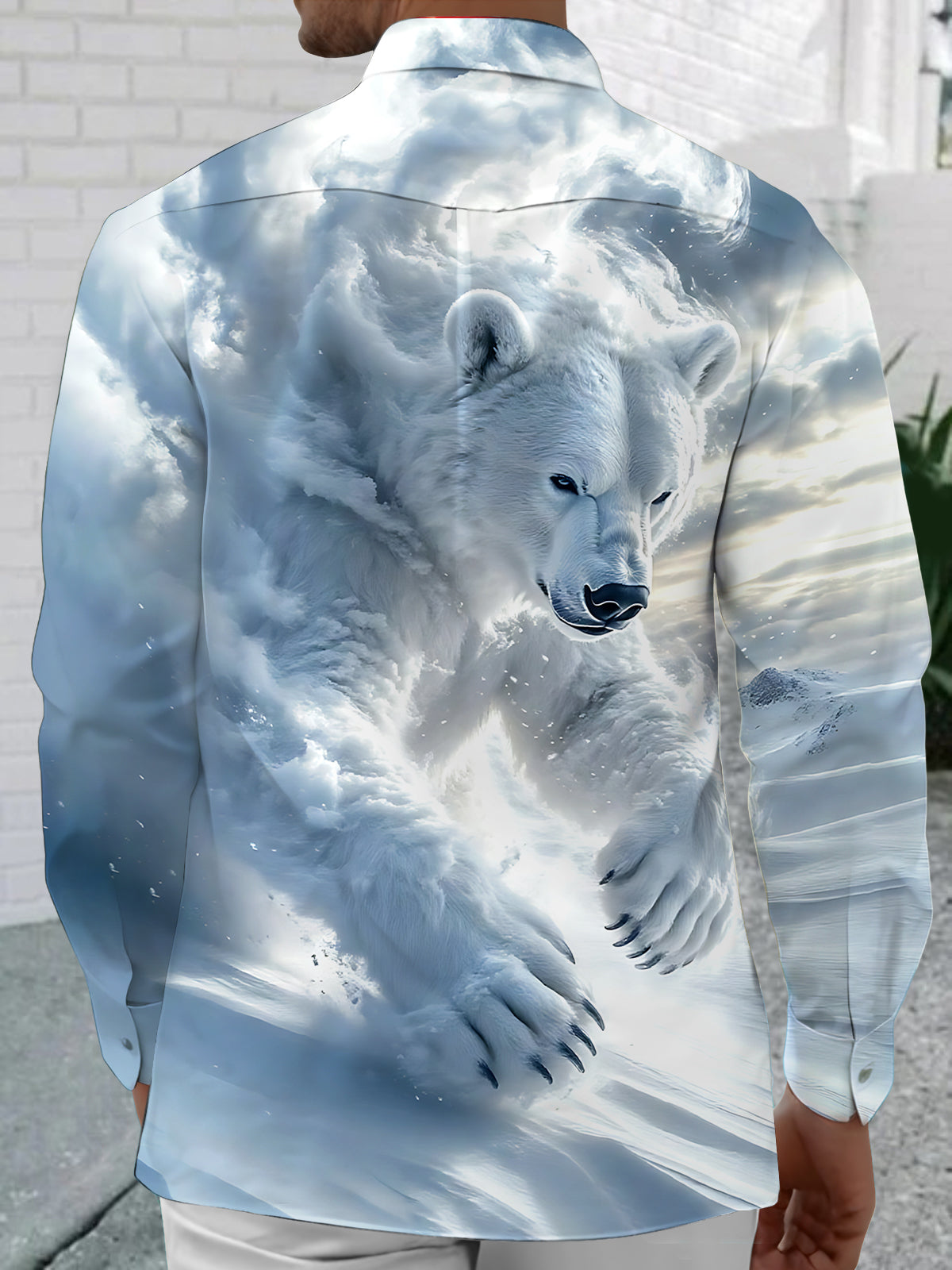 Polar Bear Print Men's Pocket Long Sleeve Shirts