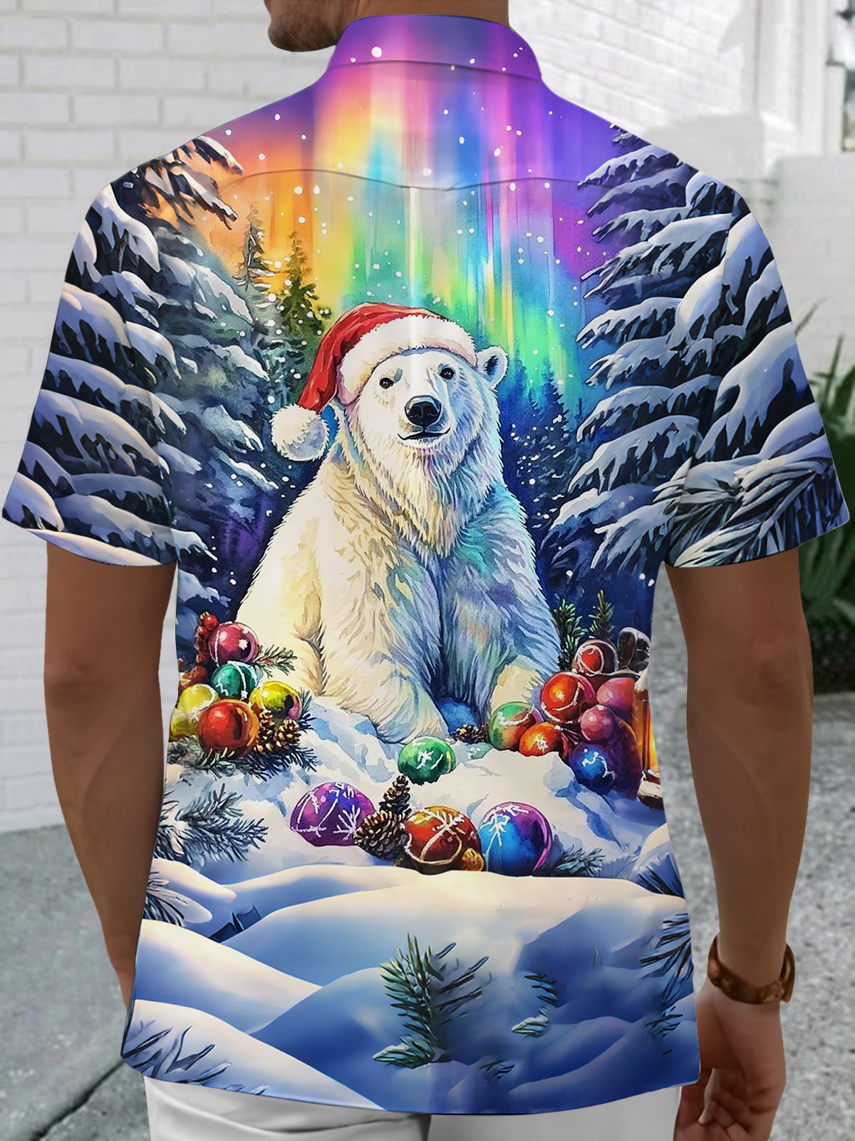 Christmas Polar Bear Print Men's Pocket Short Sleeve Shirts