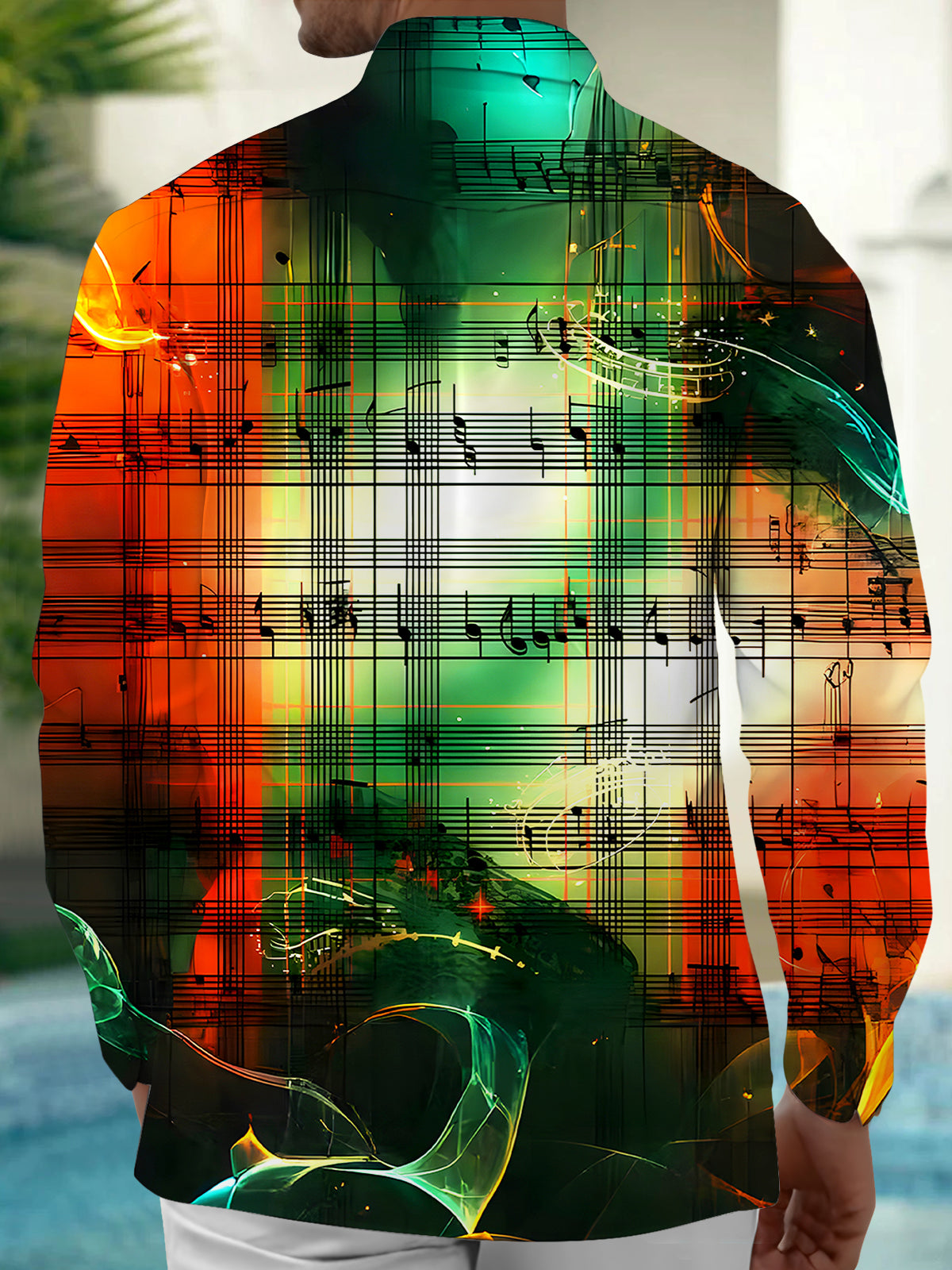 Christmas Check Pattern Musical Note Men's Pocket Long Sleeve Shirts