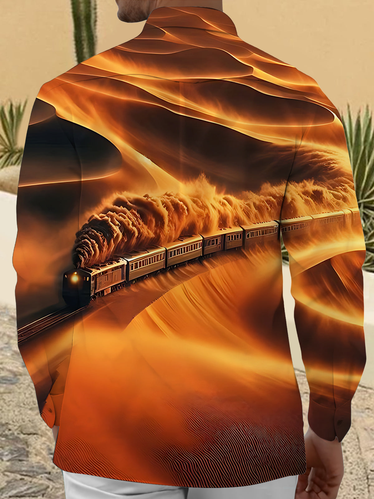 Desert Train Print Men's Pocket Long Sleeve Shirts