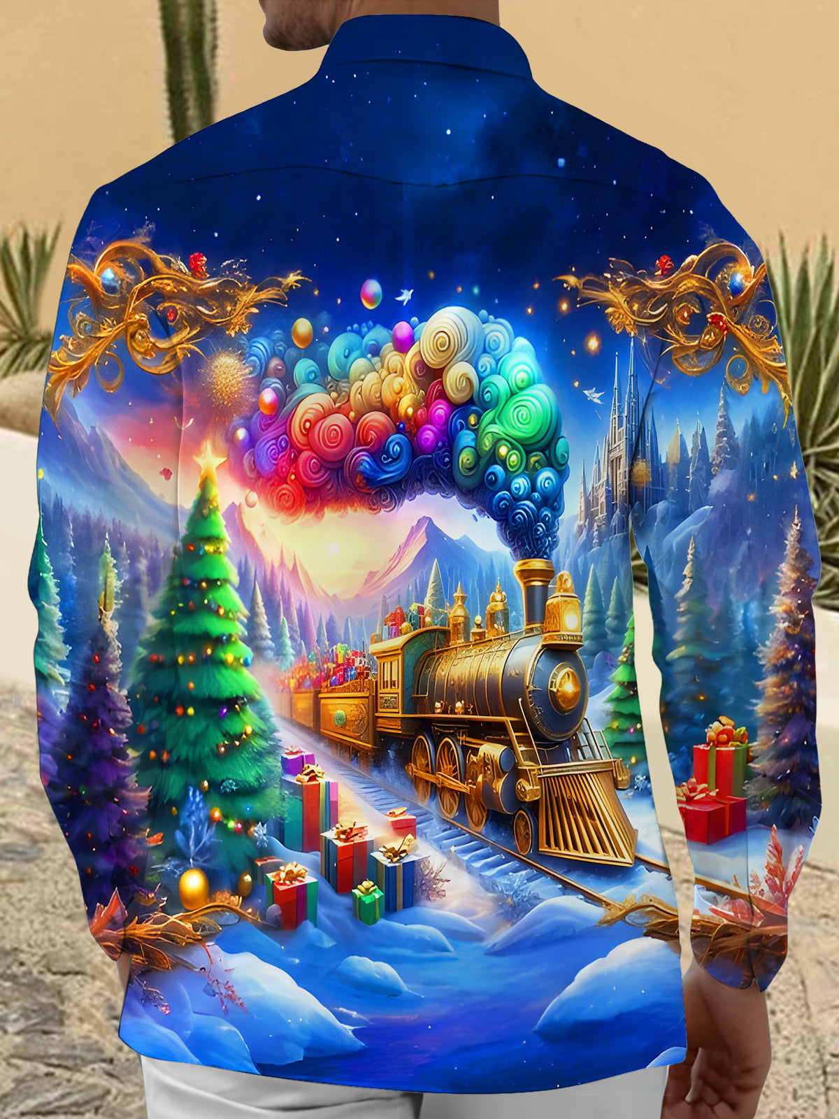 Winter Snow Christmas Tree Train Men's Pocket Long Sleeve Shirts