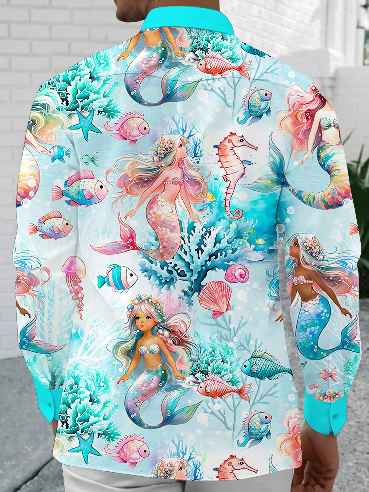 Marine Life Mermaid Print Men's Pocket Long Sleeve Shirts