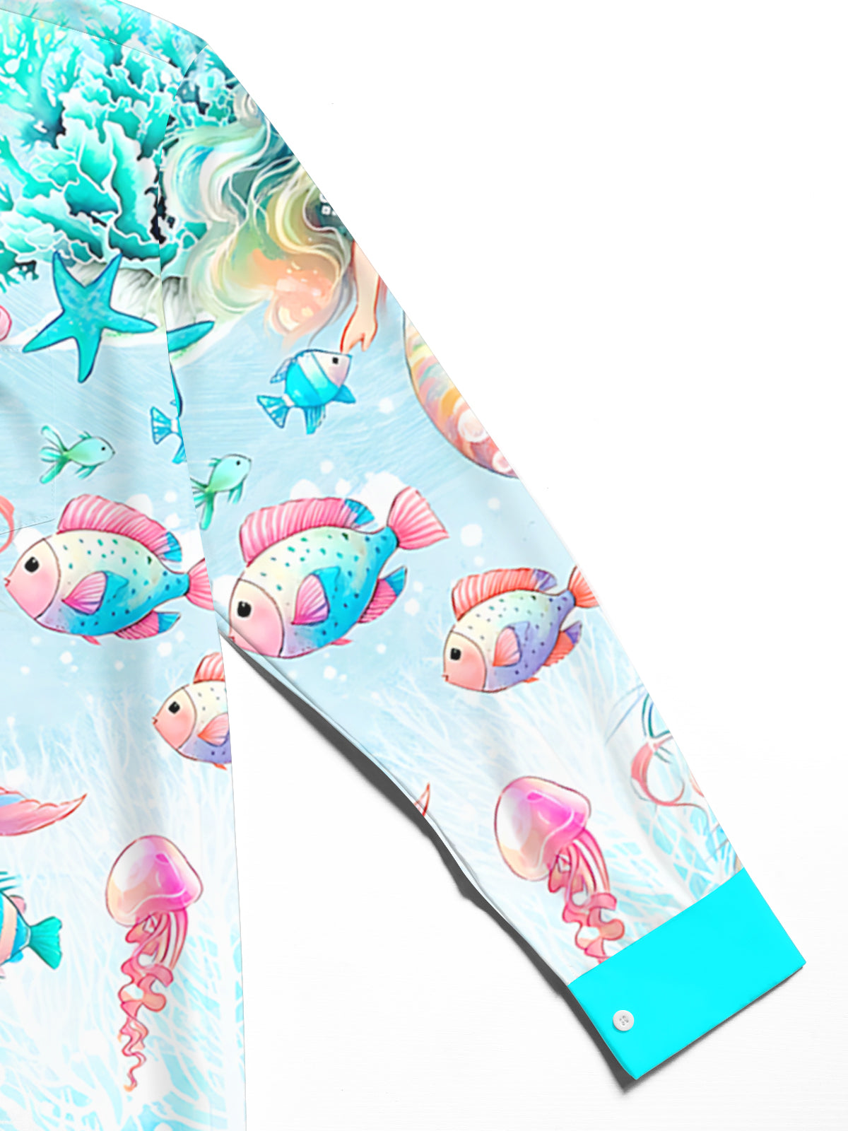 Marine Life Mermaid Print Men's Pocket Long Sleeve Shirts