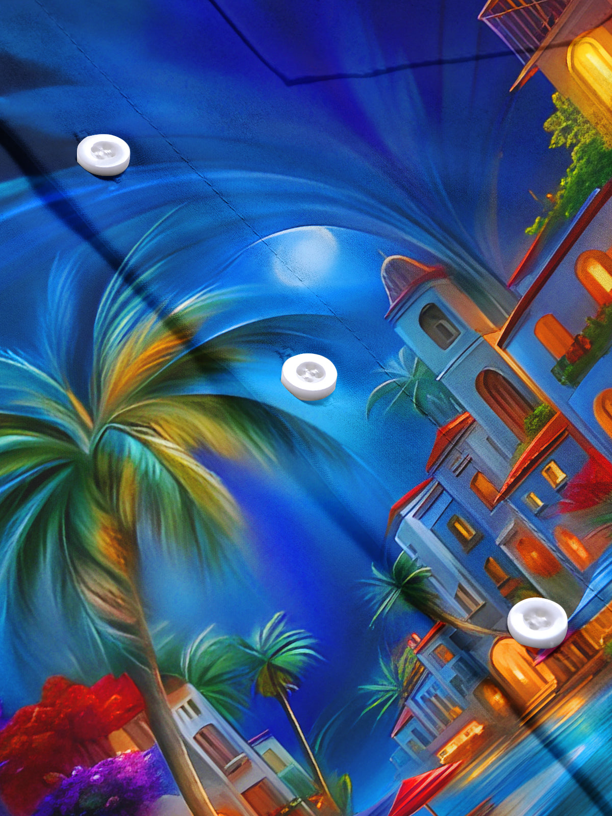 Art Coconut Trees Moon Houses Dark Night Men's Pocket Short Sleeve Shirts