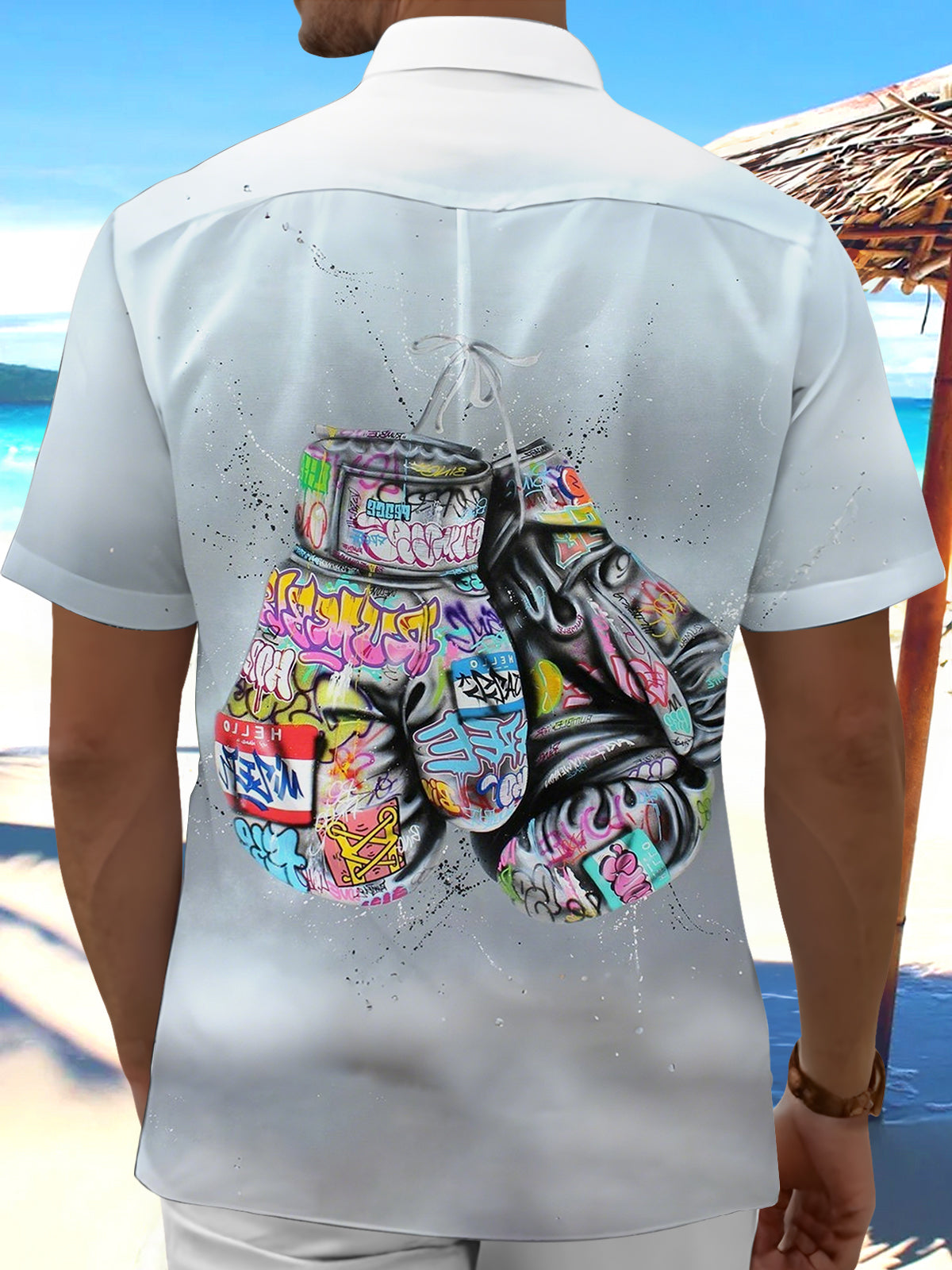Graffiti Boxing Gloves Print Men's Pocket Short Sleeve Shirts