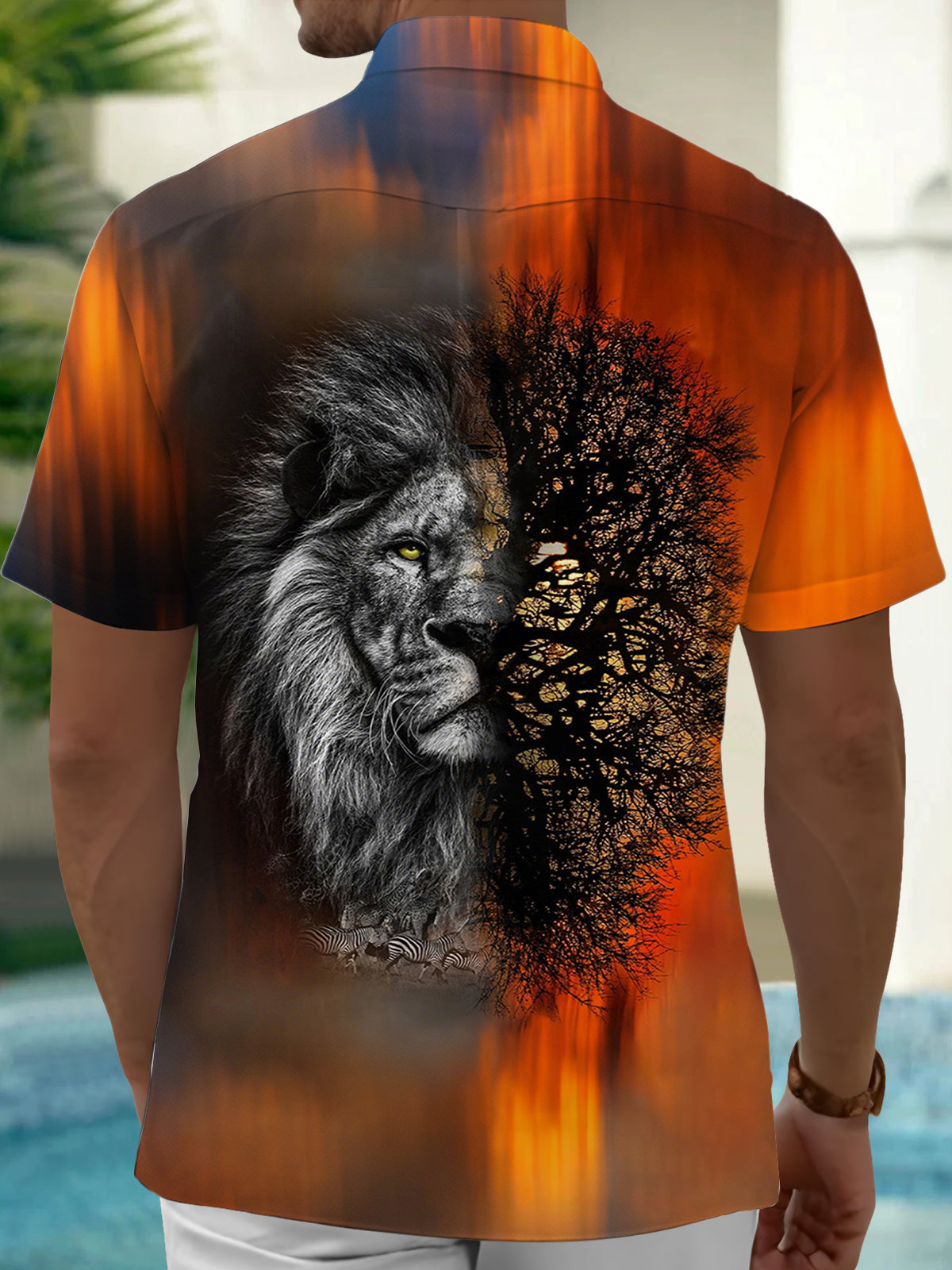 Lion Print Men's Pocket Short Sleeve Shirts