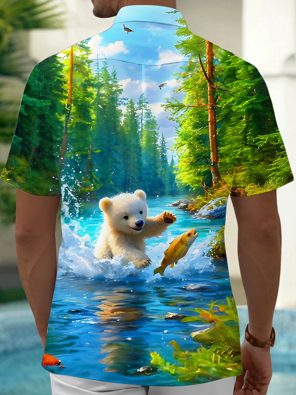 Funny Polar Bear Catching Fish Men's Pocket Short Sleeve Shirts