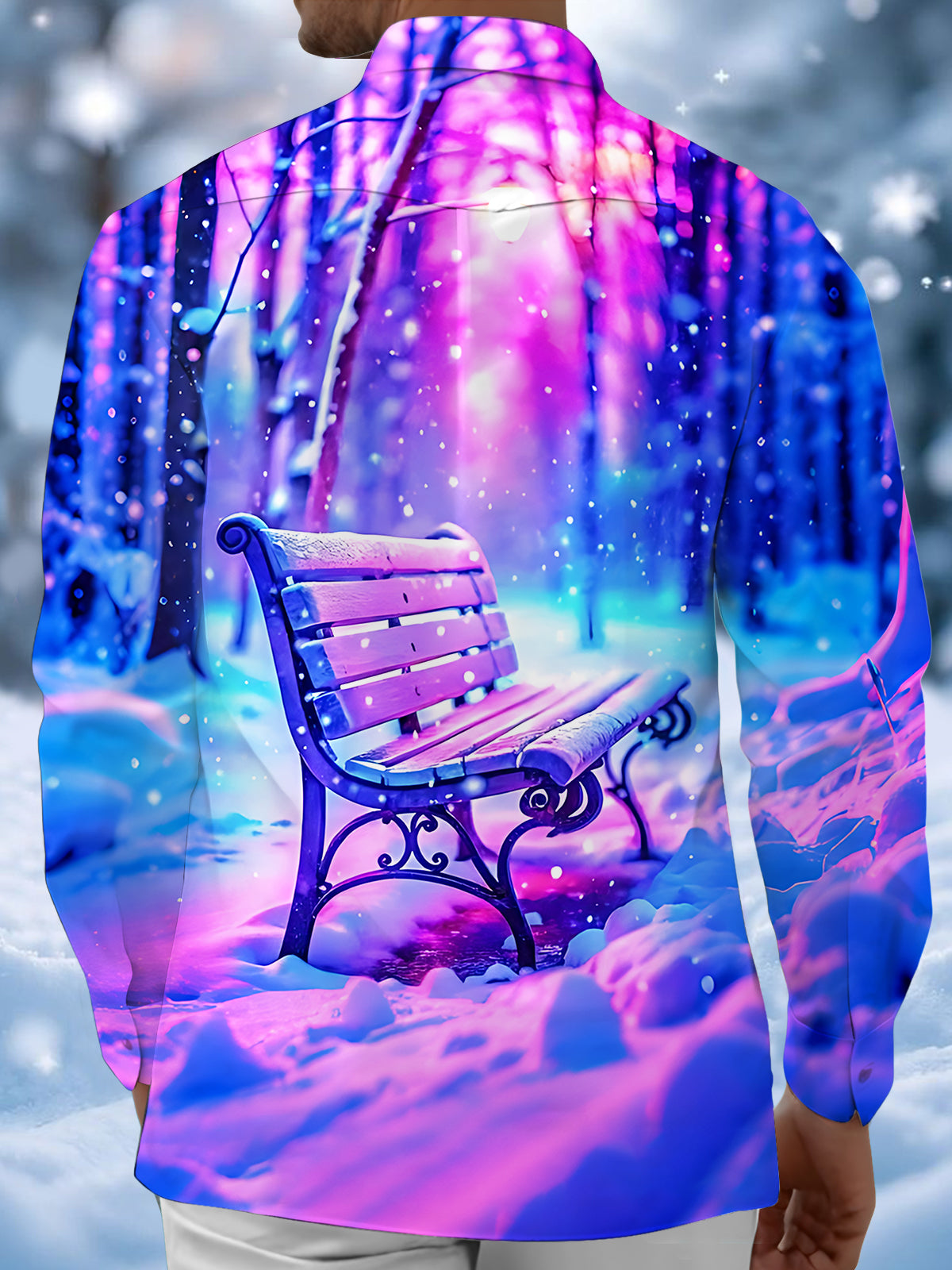 Winter Snowflake Bench Print Men's Pocket Long Sleeve Shirts