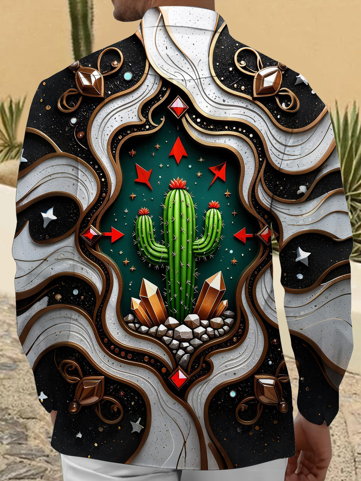 Cactus Print Men's Pocket Long Sleeve Shirts