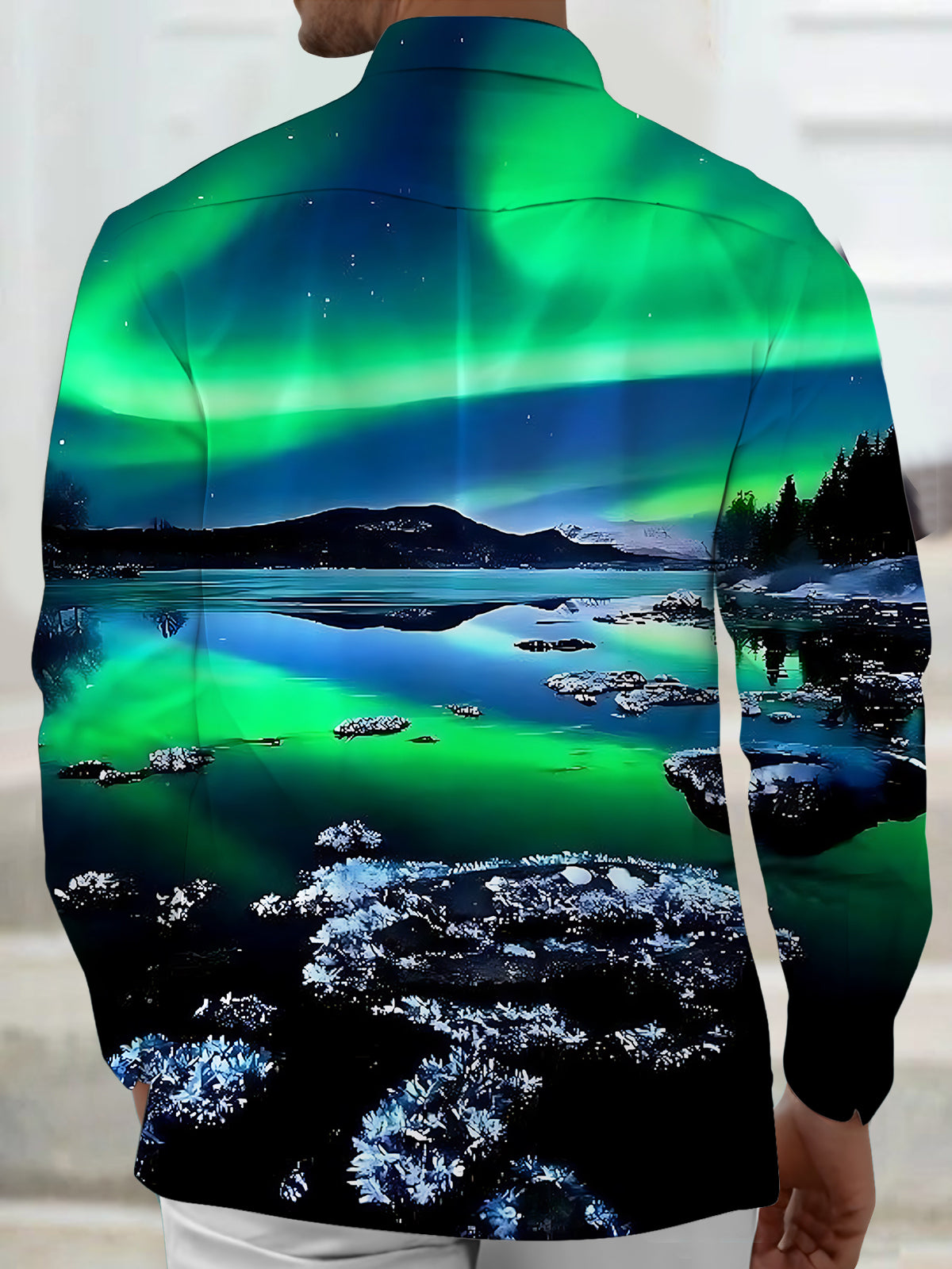 Northern Lights Landscape Print Men's Pocket Long Sleeve Shirts