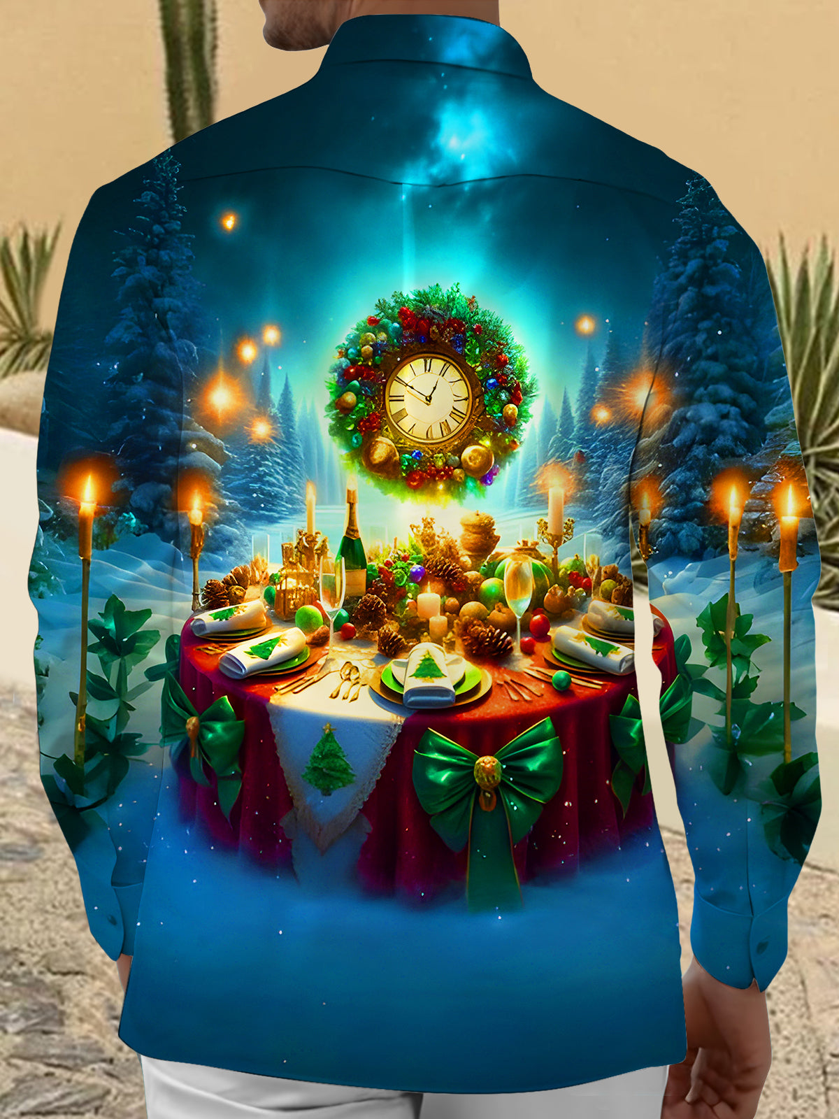 Celebrations Candlelight Dinner Clock Christmas Trees Xmas Men's Pocket Long Sleeve Shirts