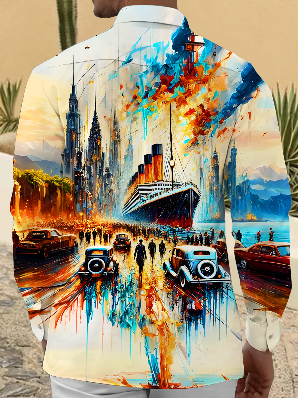 Art Tie-Dye Ship Cars City Men's Pocket Long Sleeve Shirts