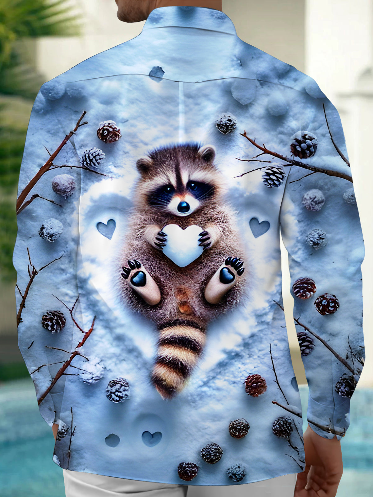 Funny Winter Snow Raccoon Men's Pocket Long Sleeve Shirts