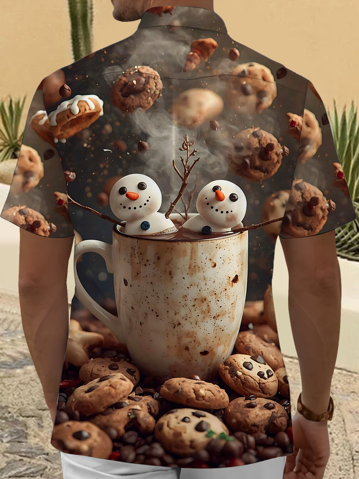 Winter Snowman Cookie Print Men's Pocket Short Sleeve Shirts