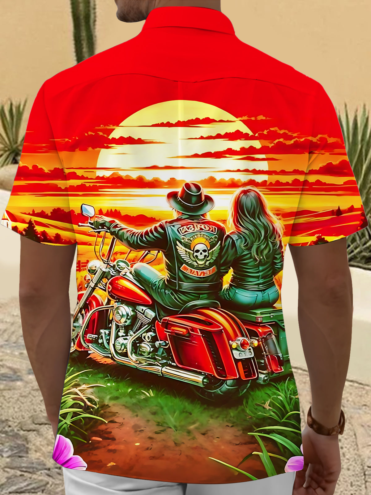 Sunset Landscape Print Men's Pocket Short Sleeve Shirts