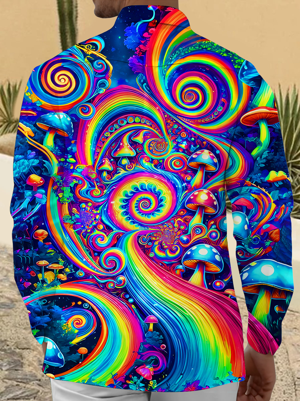 Psychedelic Mushroom Rainbow Swirls Men's Pocket Long Sleeve Shirts