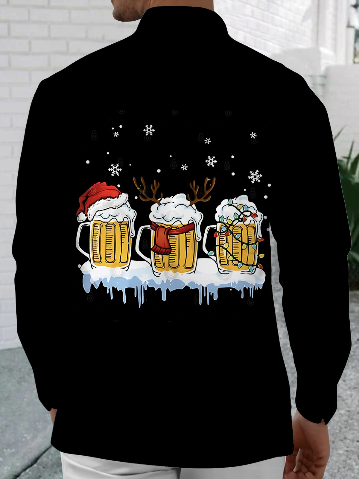 Christmas Beer Snowflake Print Men's Pocket Long Sleeve Shirts