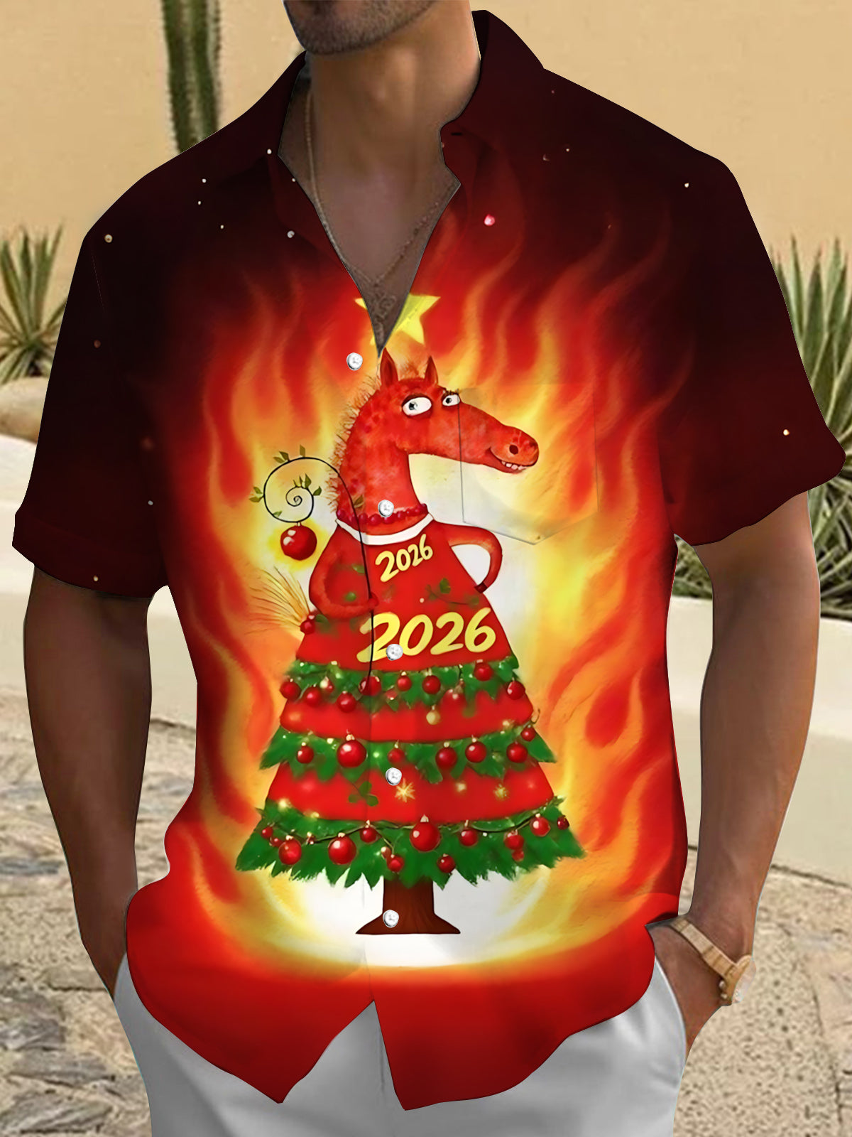 2026 Christmas Tree Print Men's Pocket Short Sleeve Shirts