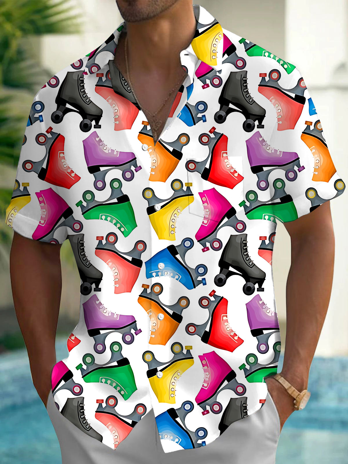 Roller Skates Print Men's Pocket Short Sleeve Shirts
