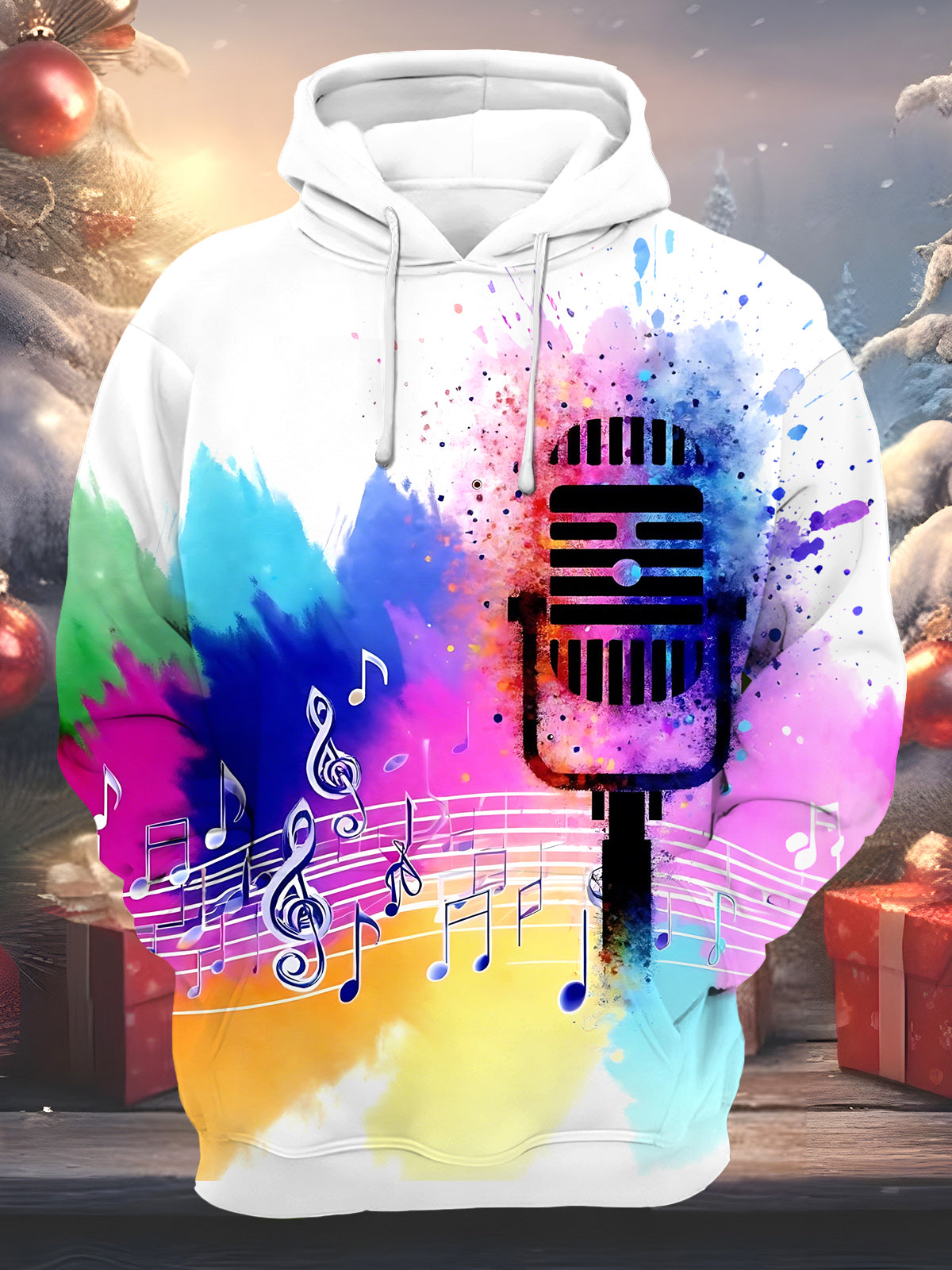Microphone Note Print Men's Long Sleeve Pocket Hoodies