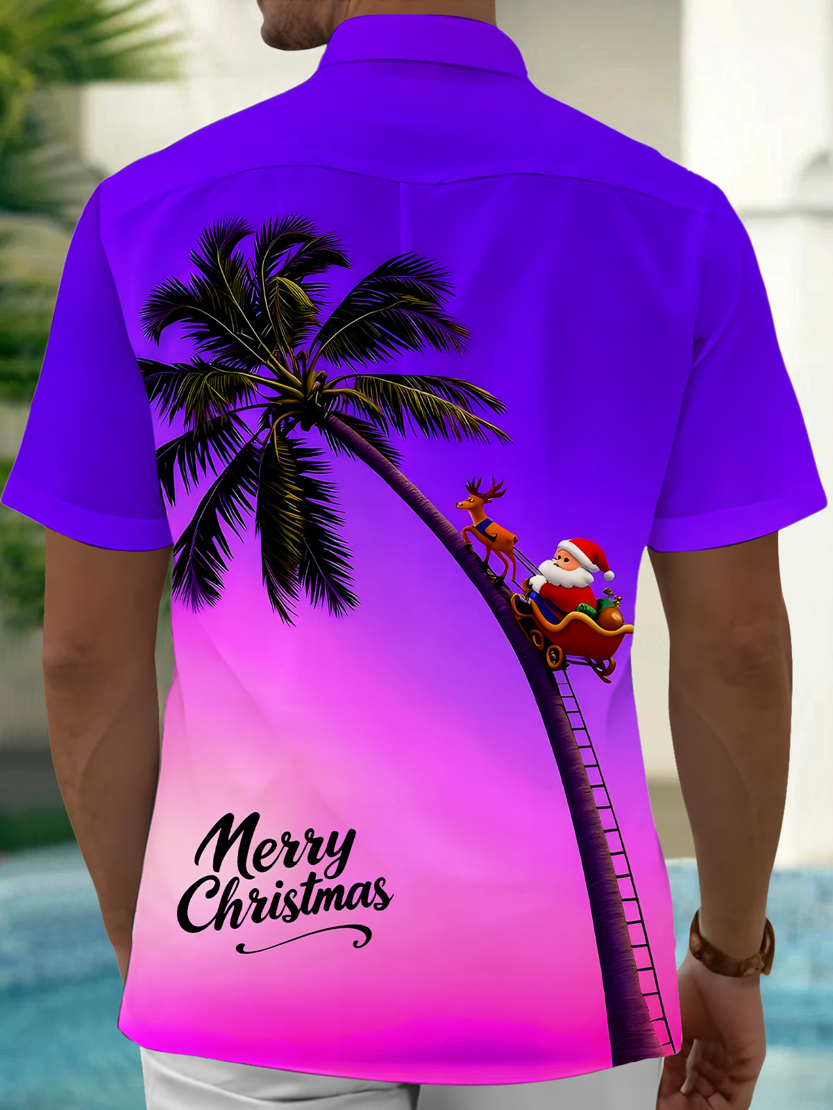 Santa Claus Coconut Tree Men's Pocket Short Sleeve Shirts