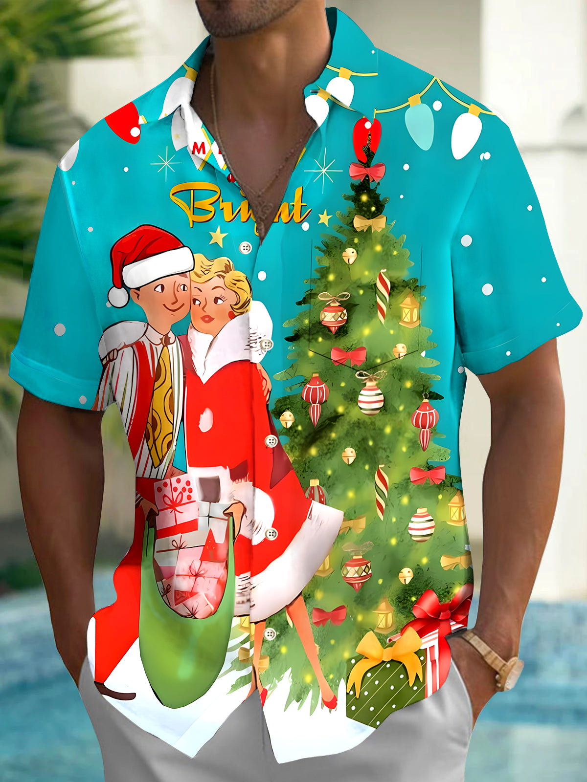Retro Cartoon Christmas Men's Pocket Short Sleeve Shirts