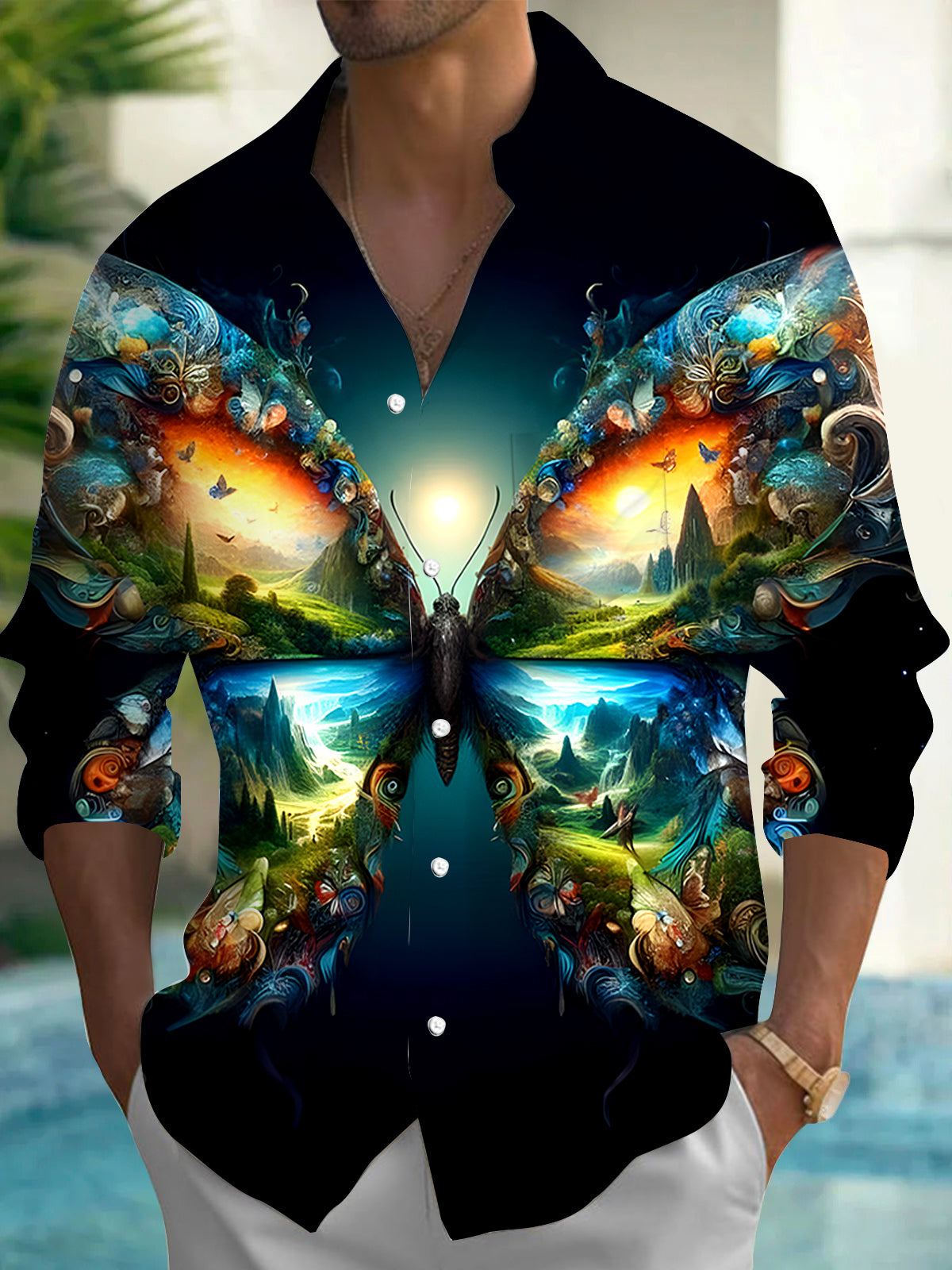 Insect Butterfly Men's Pocket Long Sleeve Shirts