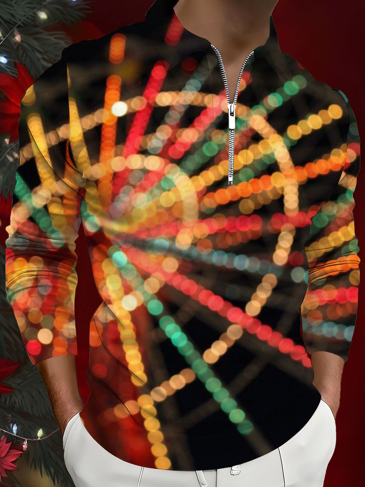 Ferris Wheel Print Men's Long Sleeve Zipper Polo