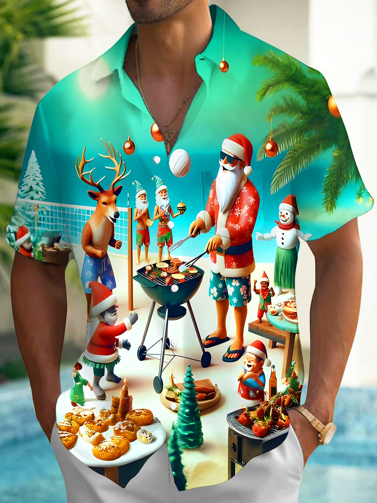Fun Santa Claus BBQ Volleyball Xmas Men's Pocket Short Sleeve Shirts