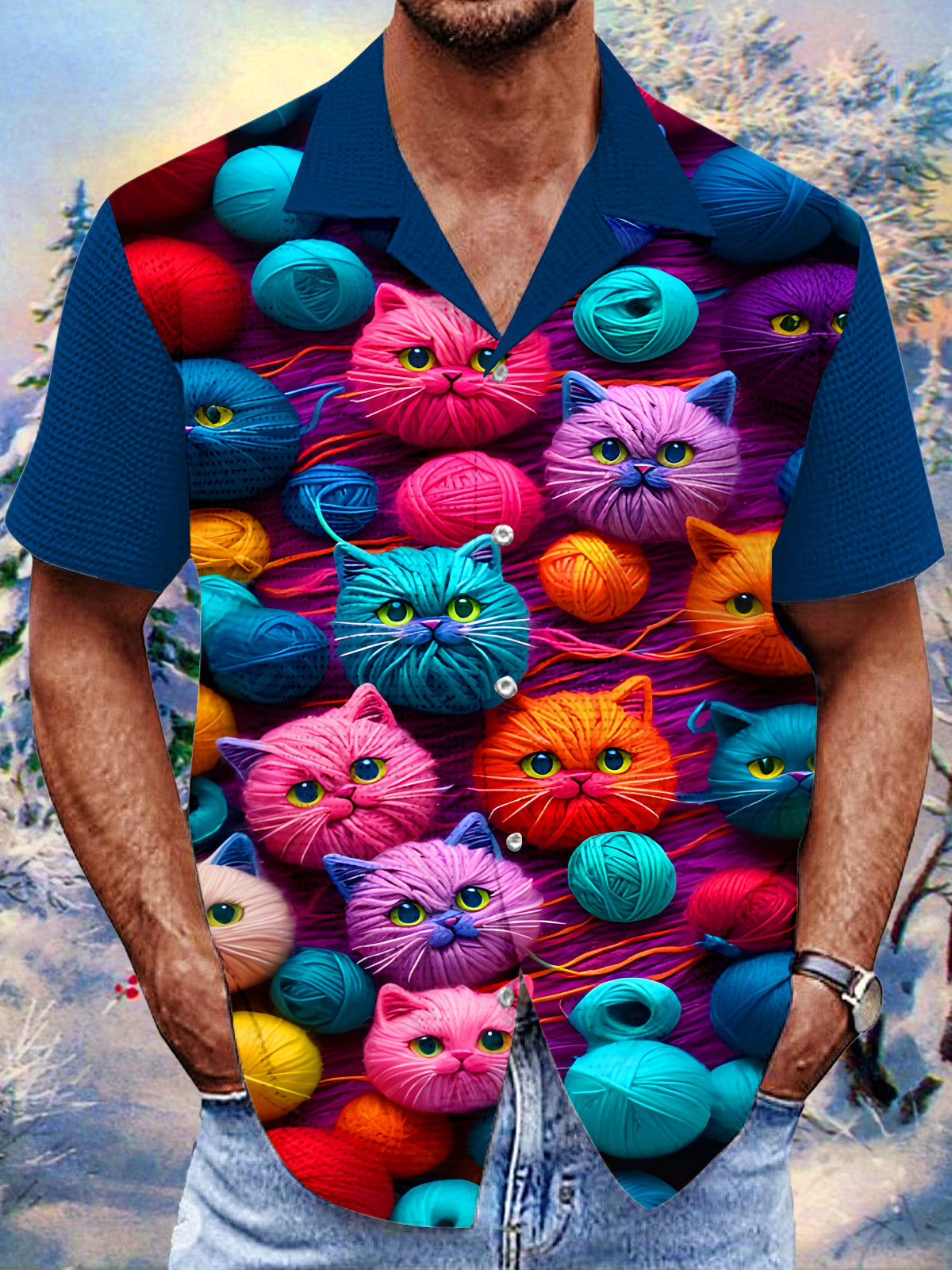 Fun Yarn Ball Cat Men's Pocket Short Sleeve Cuban Collar Shirts