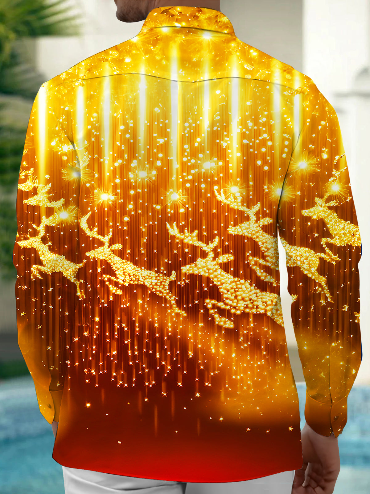 Art Gilded Christmas Reindeer Xmas Men's Pocket Long Sleeve Shirts