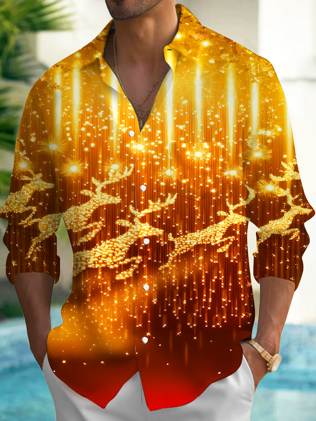 Art Gilded Christmas Reindeer Xmas Men's Pocket Long Sleeve Shirts