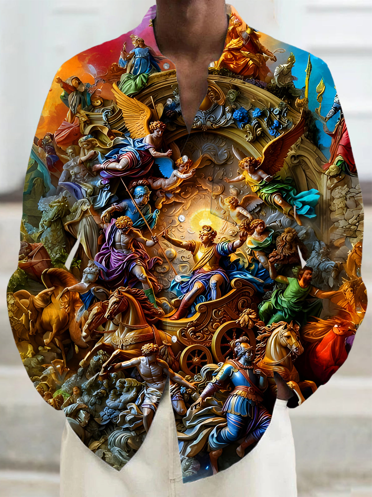 Retro Colorful Art Relief Men's Pocket Long Sleeve Shirts