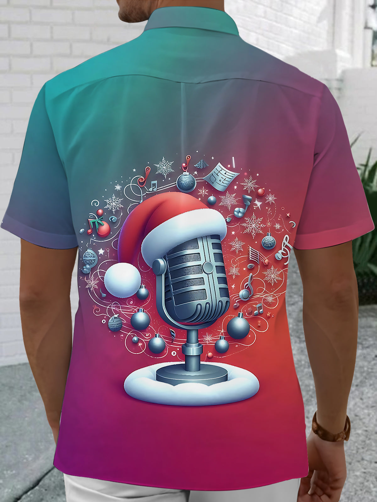 Christmas Microphone Print Men's Pocket Short Sleeve Shirts