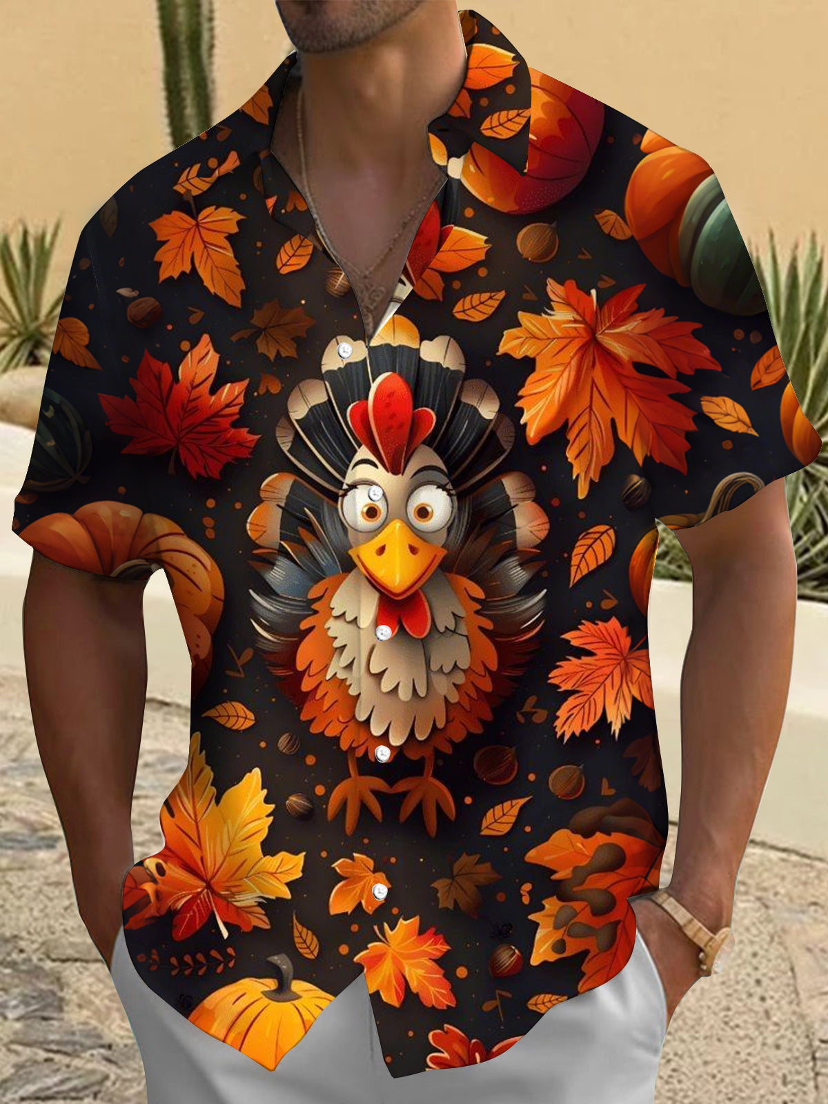 Thanksgiving Turkey Leaf Print Men's Pocket Short Sleeve Shirts