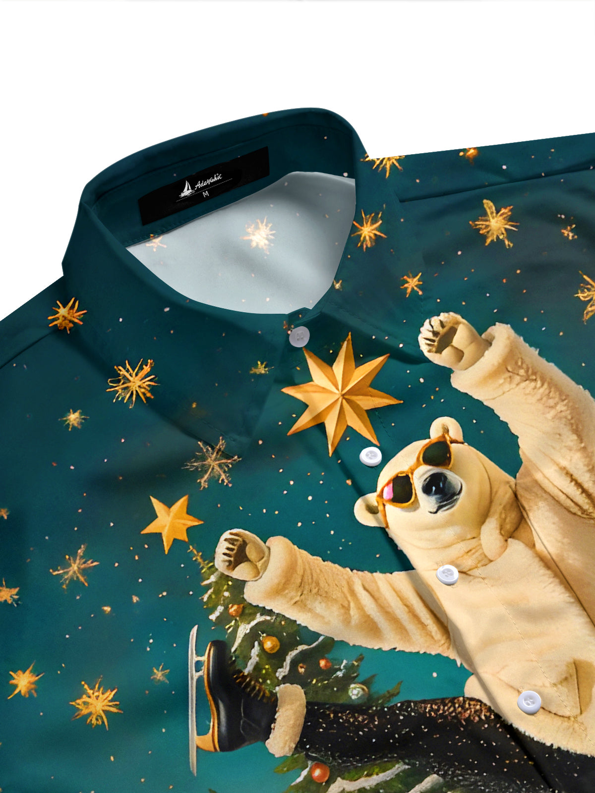 Fun Polar Bear Ice Skating Christmas Tree Men's Pocket Long Sleeve Shirts