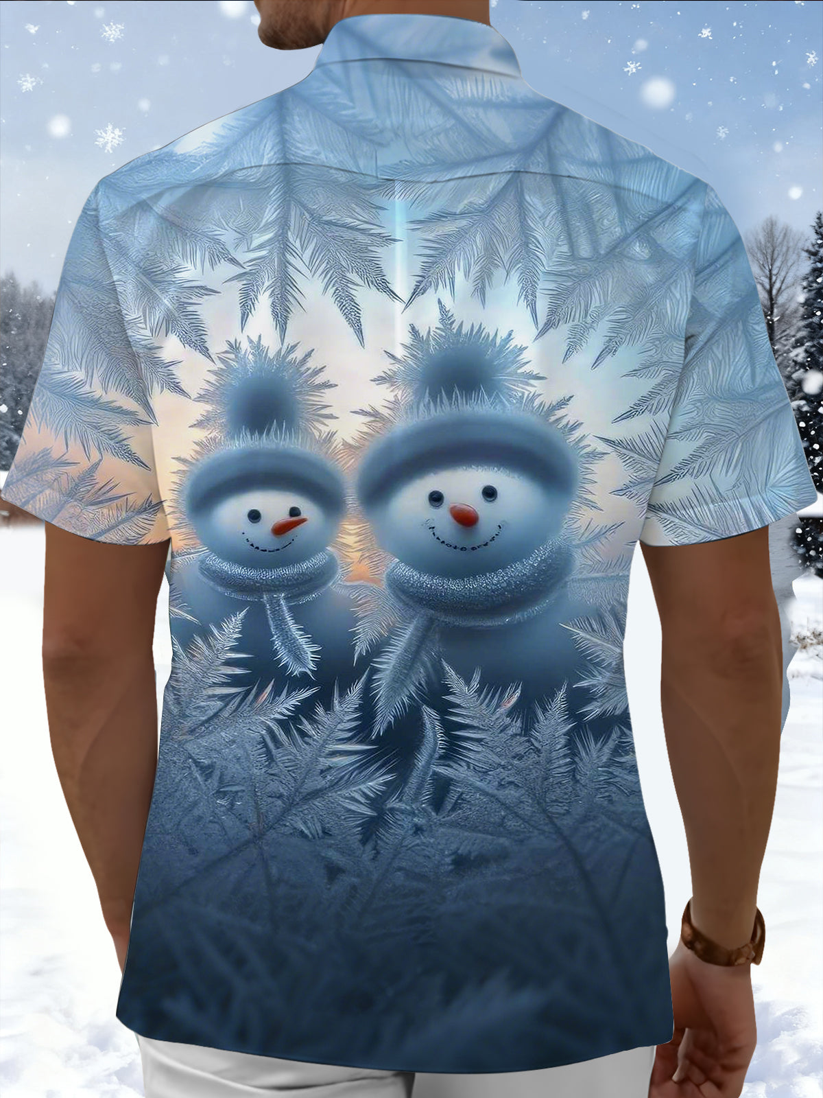 Snowman Print Men's Pocket Short Sleeve Shirts