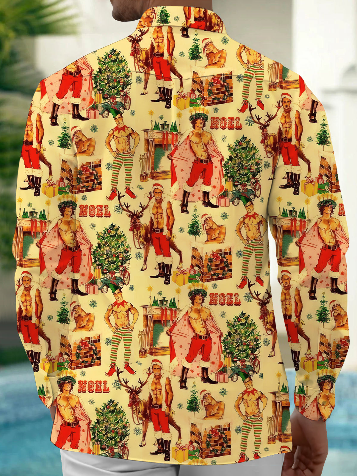 Vintage Funny Christmas Print Men's Pocket Long Sleeve Shirts