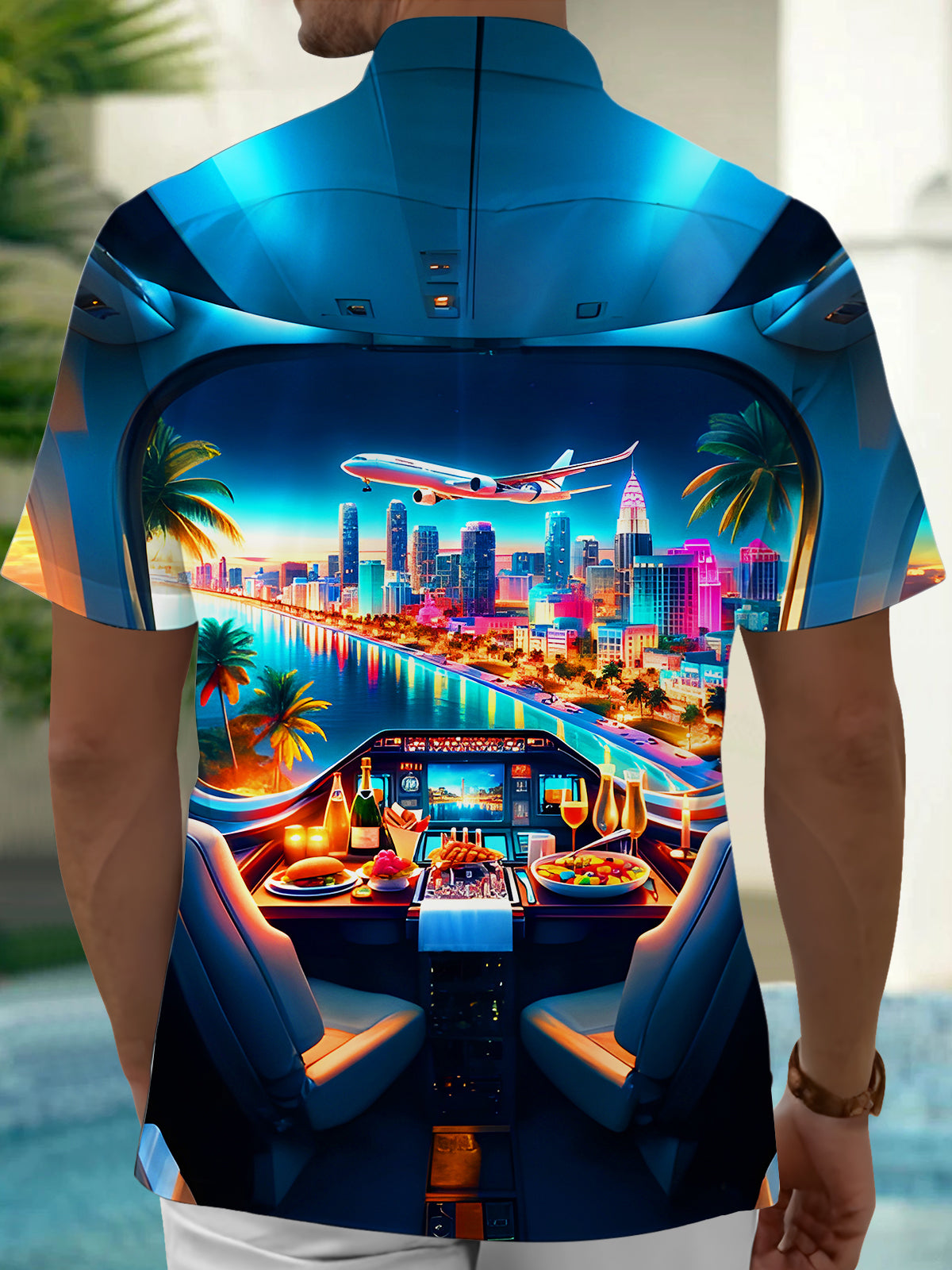 Aircraft Cockpit Coconut Trees City Night View Men's Pocket Short Sleeve Shirts