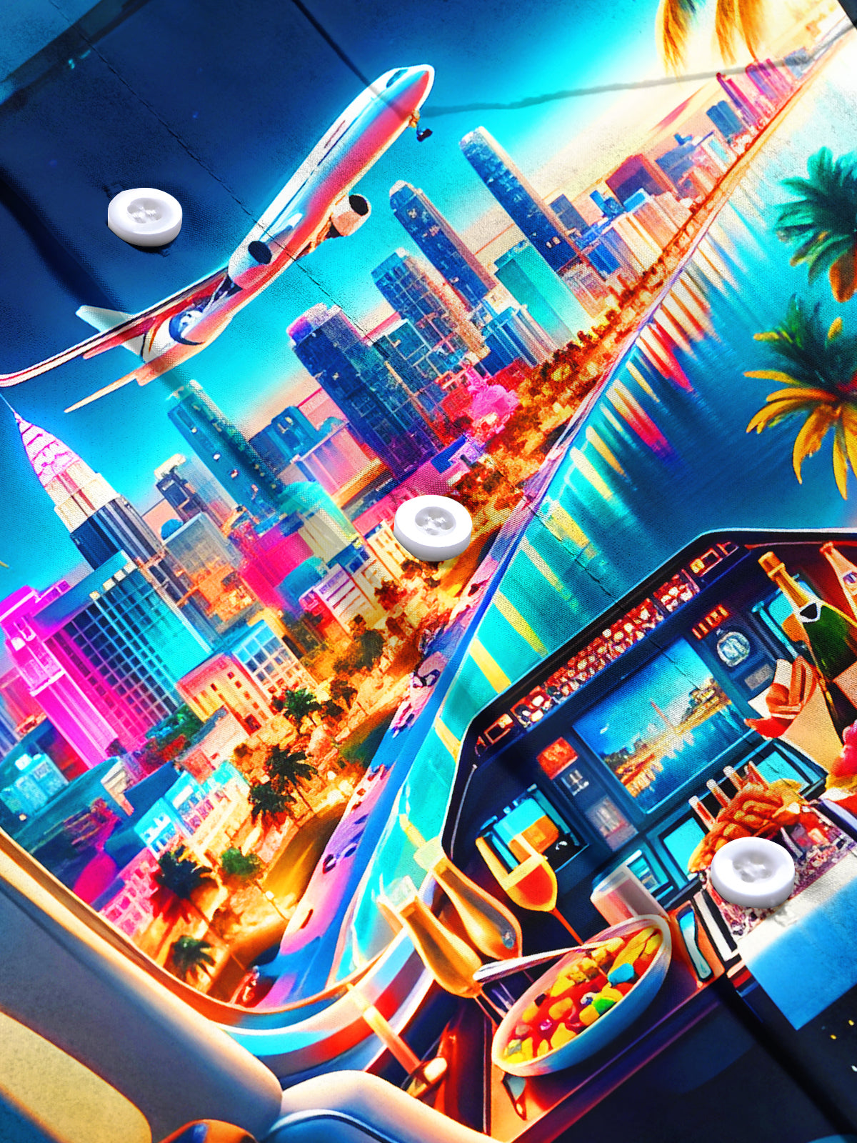 Aircraft Cockpit Coconut Trees City Night View Men's Pocket Short Sleeve Shirts